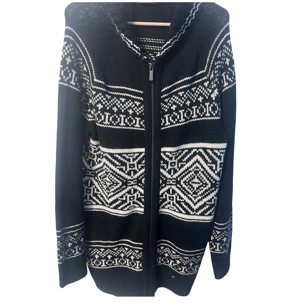 Zara‎ Zip Up Hooded Cardigan Womens L Black White Fair Isle